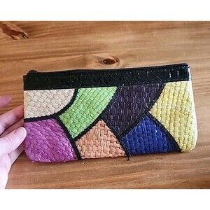 Vintage Colorful Clutch Woven Raffia Straw  Zipper  Pouch Bag 8.75" X 4.75